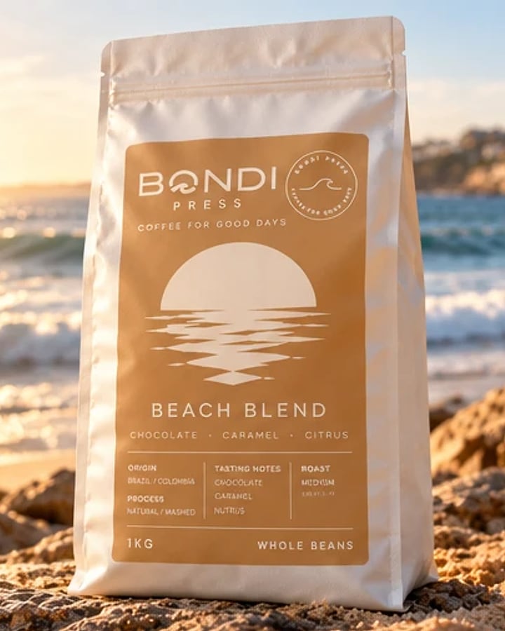 Beach Blend coffee beans by Bondi Press: white bag with a golden sunset label on a beach at sunrise
