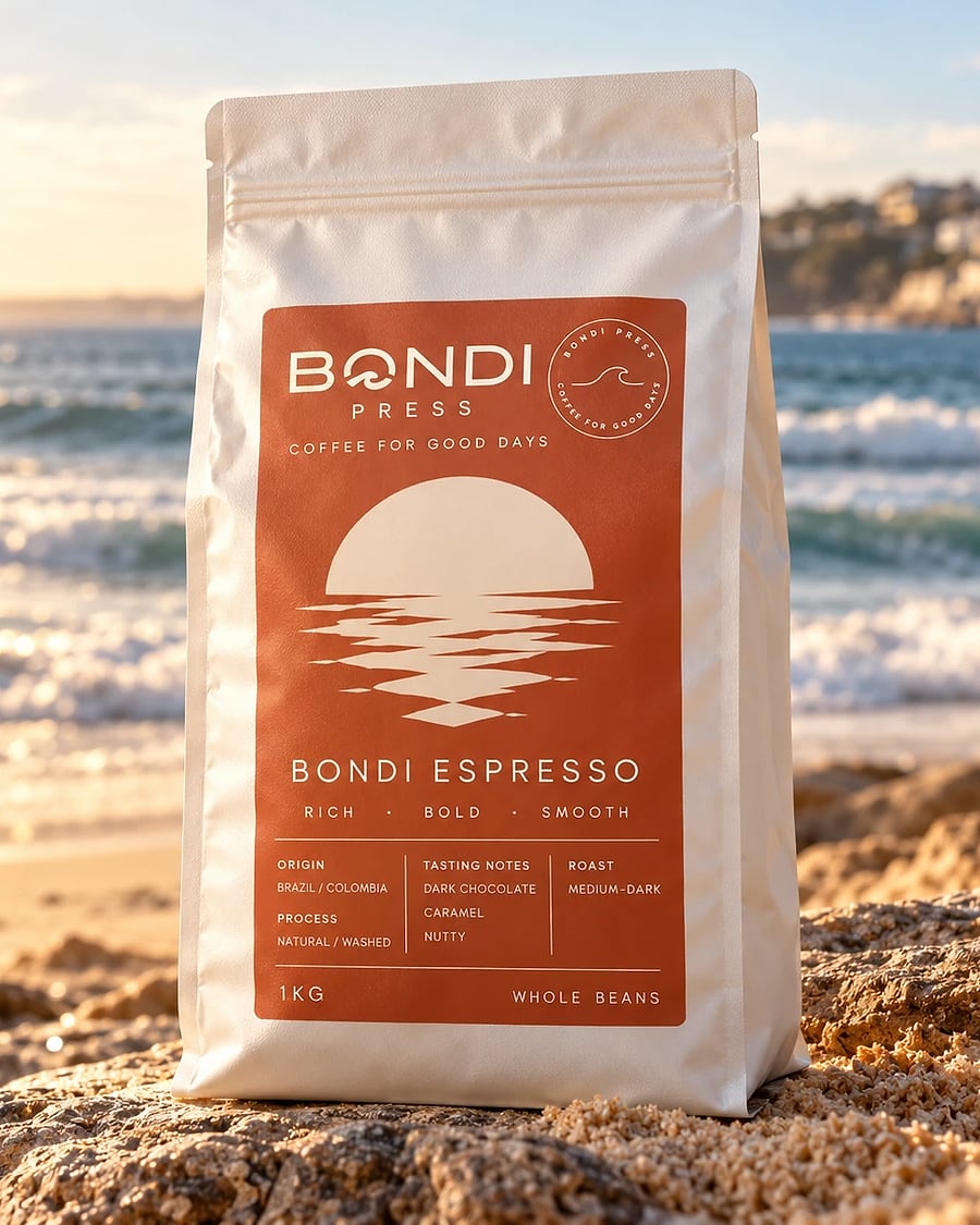 Bondi Espresso coffee beans by Bondi Press: white bag with a terracotta sunset label on a beach at sunrise