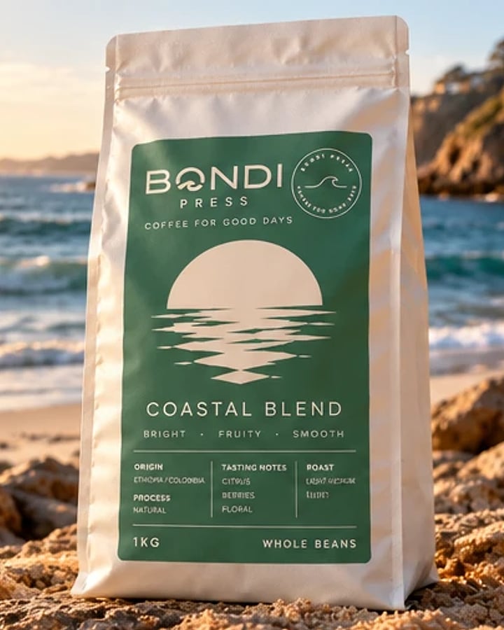 Coastal Blend coffee beans by Bondi Press: white bag with a green sunset label on a beach at sunrise