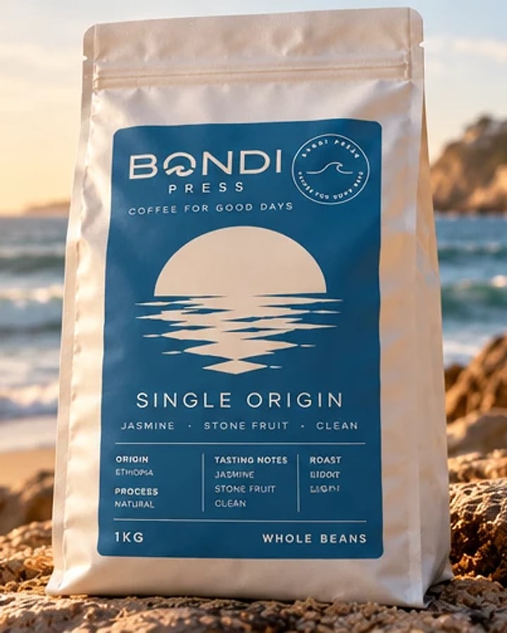 Single Origin coffee beans by Bondi Press: white bag with a blue sunset label on a beach at sunrise